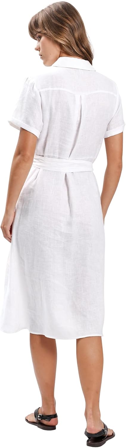 Women's 100% Linen Button Down Midi Shirt Dresses