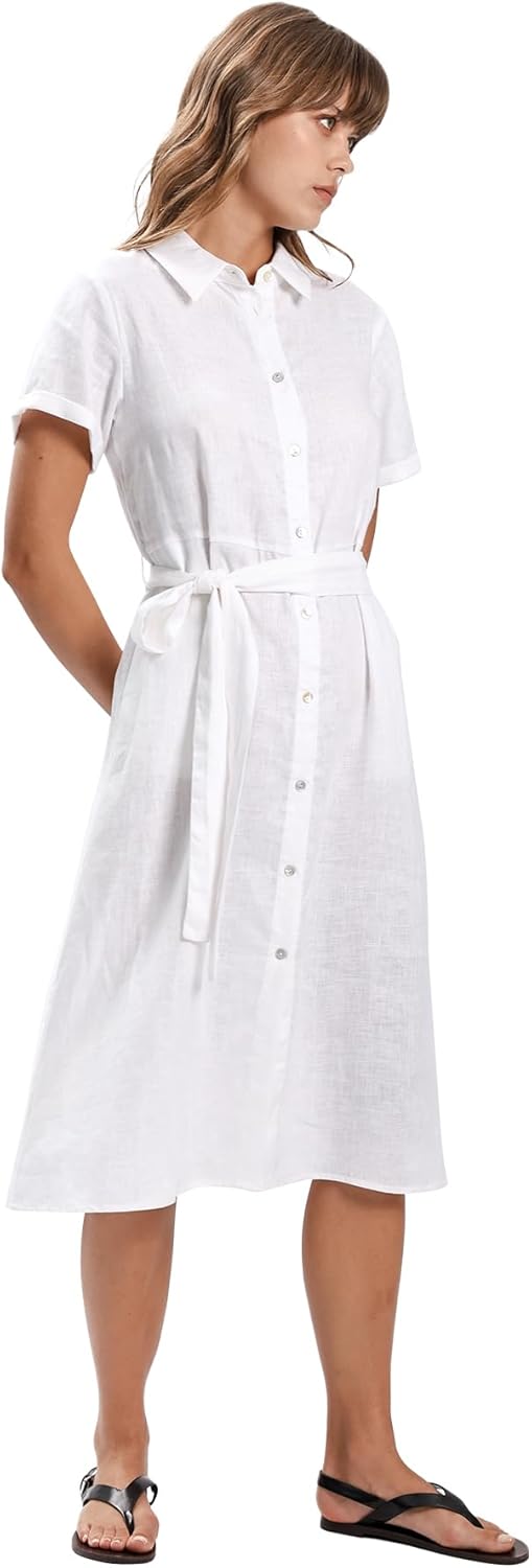 Women's 100% Linen Button Down Midi Shirt Dresses