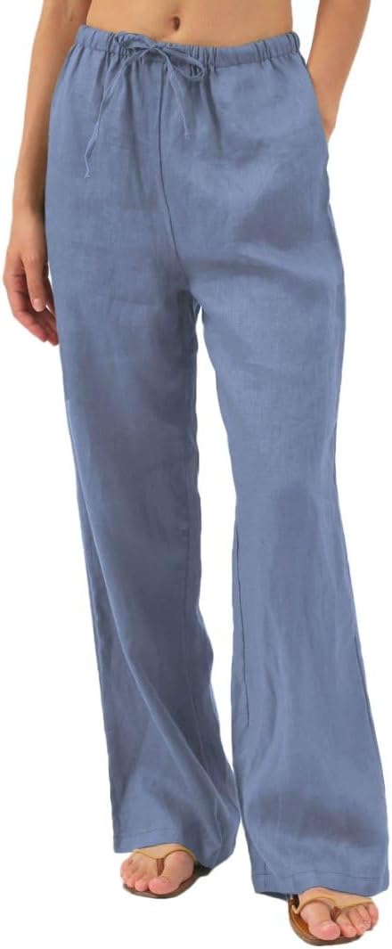 Women's 100% Linen Wide Leg Pants with Pockets