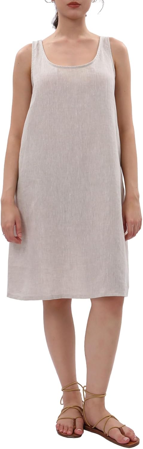 Women's 100% Linen Sleeveless Midi Tank Dresses