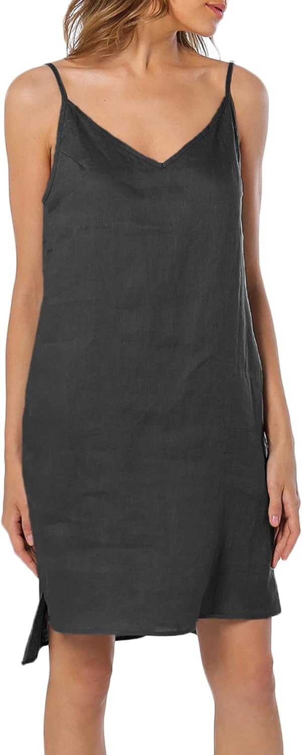 Women's 100% Linen V Neck Spaghetti Strap Dresses with Slit