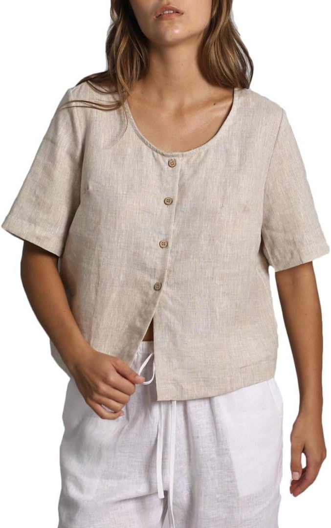 Womens 100% Linen Short Sleeve Blouse Button Down Crop Tops