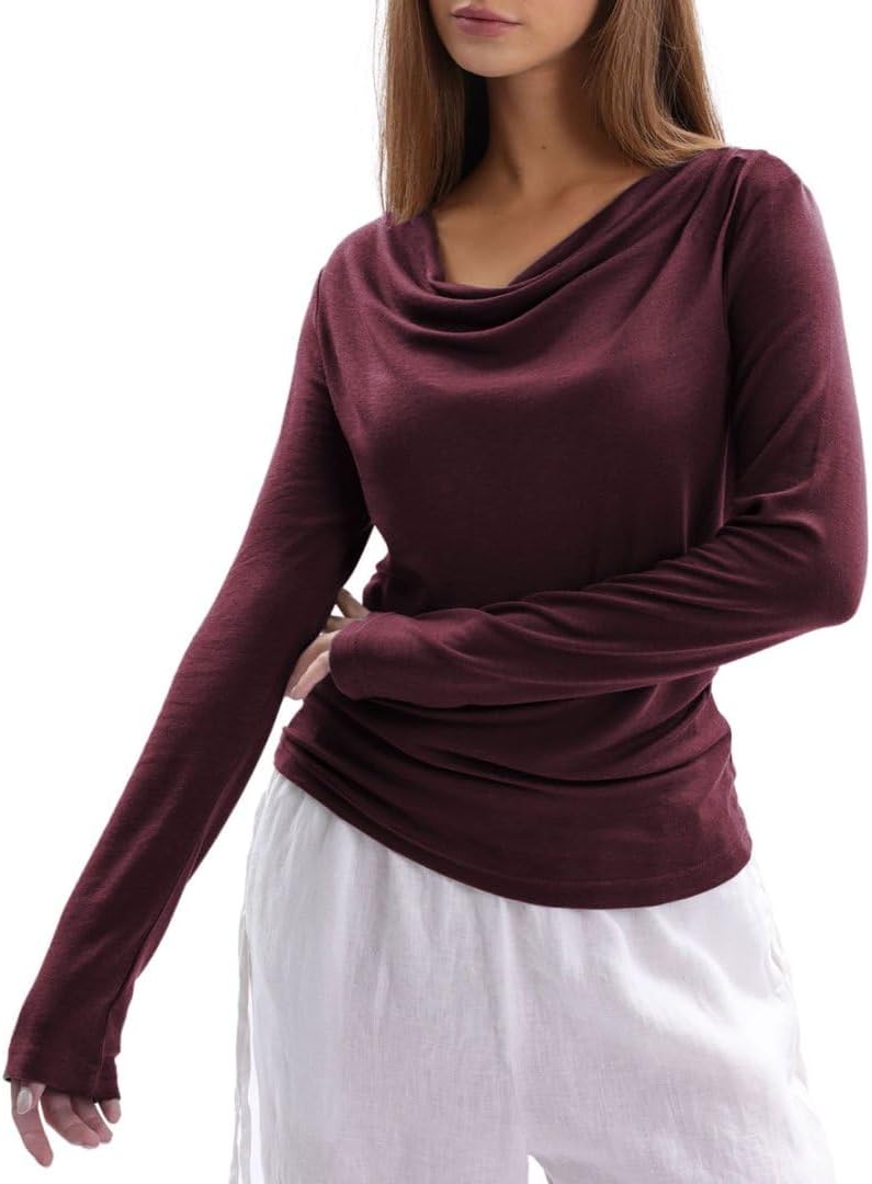 Women's Wool Long Sleeve Cowl Neck Tops Knitted T-Shirt