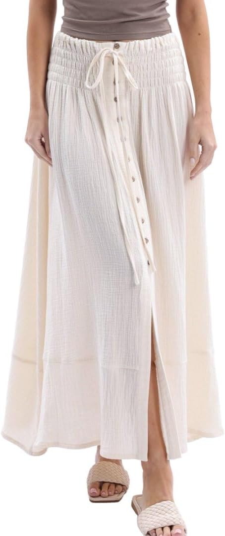 Women's Crinkle Cotton Gauze Button-Front Slit Maxi Skirt