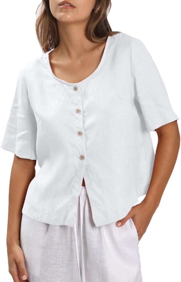 Womens 100% Linen Short Sleeve Blouse Button Down Crop Tops