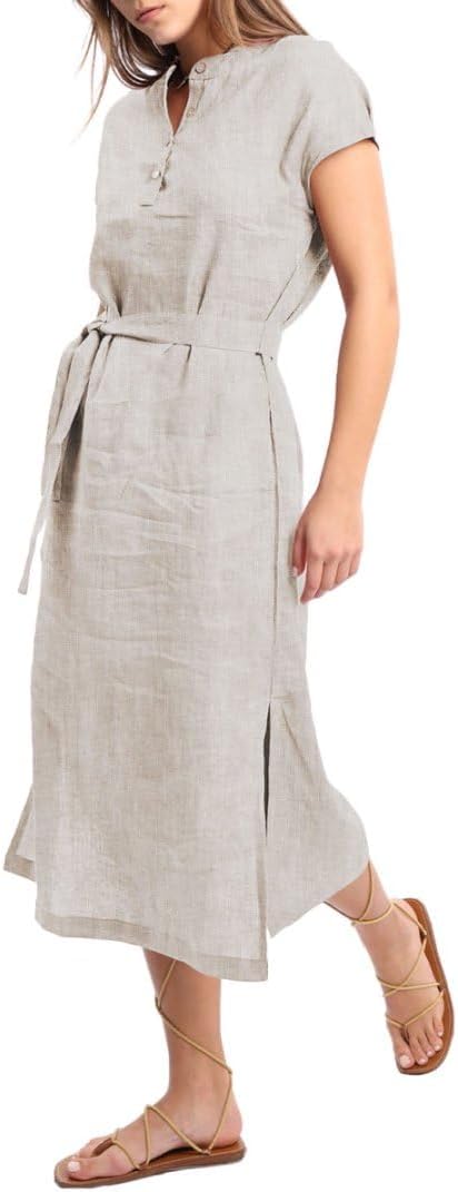 Women's 100% Linen Banded Collar Button Midi Dresses with Slits