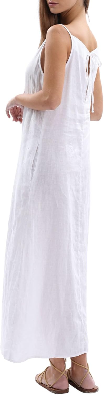 Women's 100% Linen Sleevelesss Black Tie Maxi Dresses