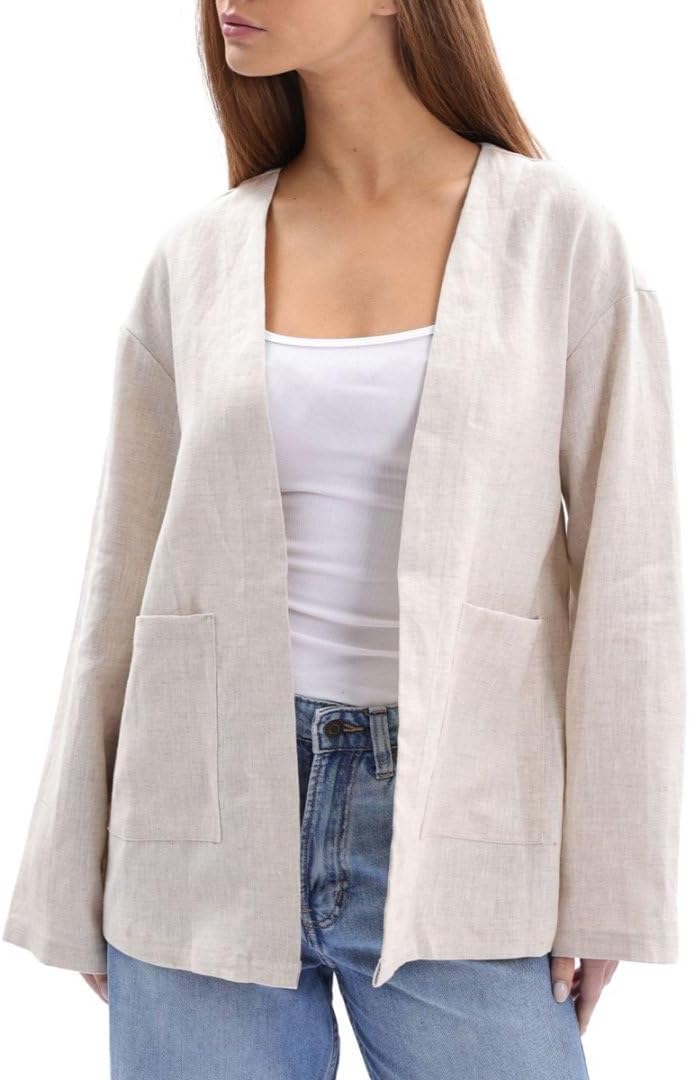 Women's 100% Linen Long Sleeve Open-Front Cardigan