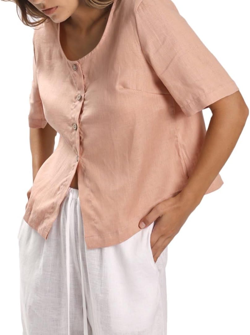 Womens 100% Linen Short Sleeve Blouse Button Down Crop Tops
