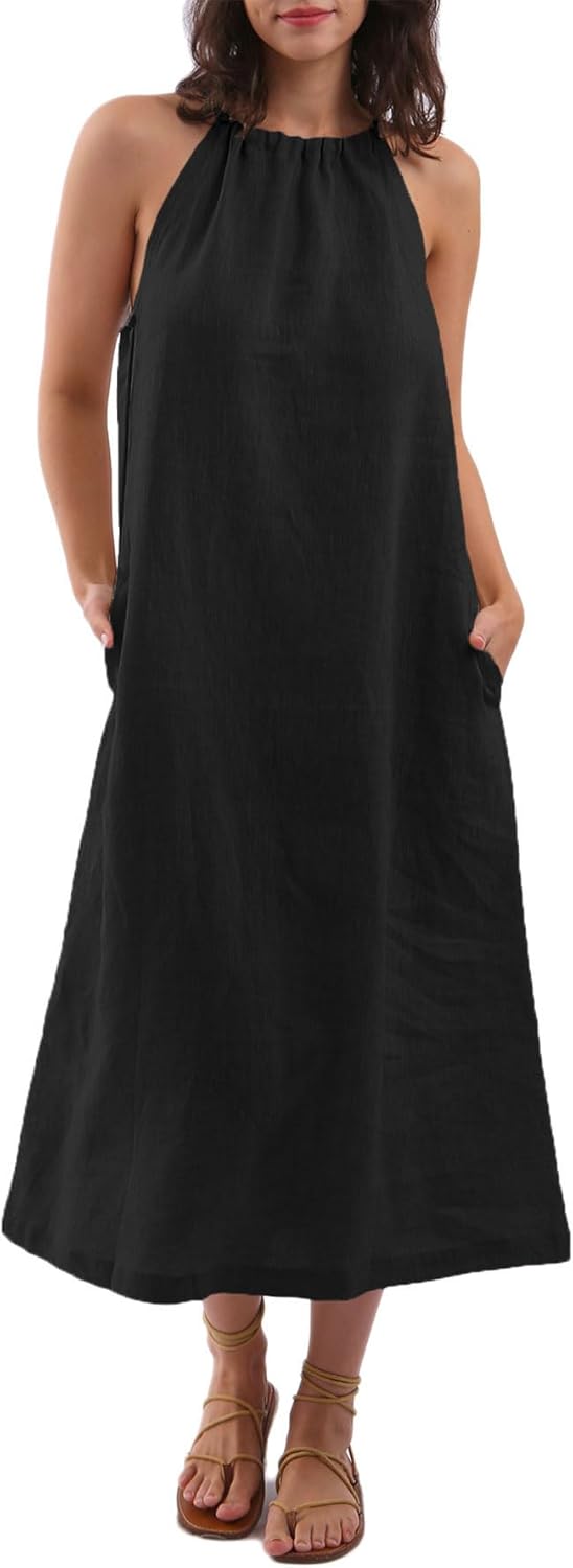 Women's Linen Halter Sleeveless Maxi Dress