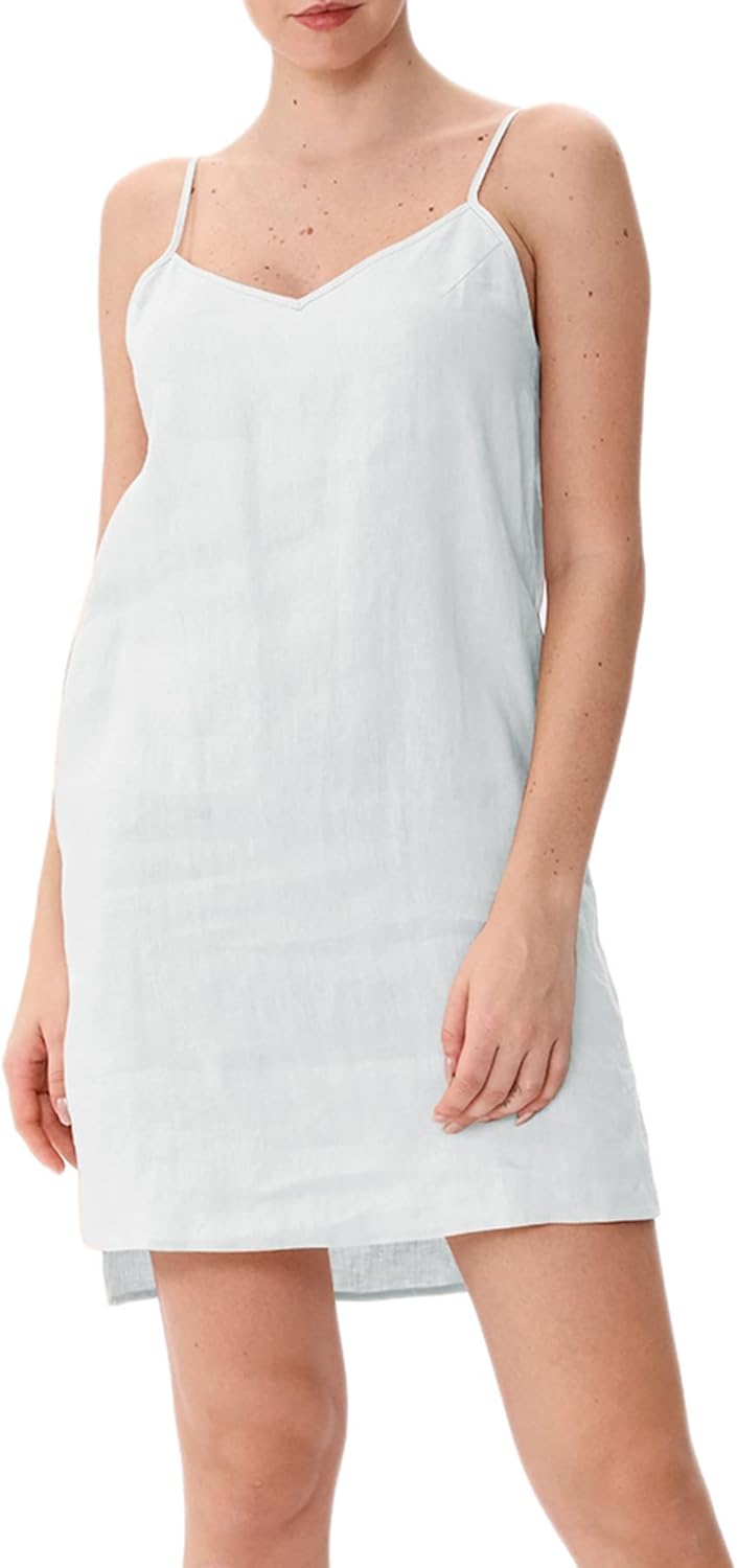 Women's 100% Linen V Neck Spaghetti Strap Dresses with Slit