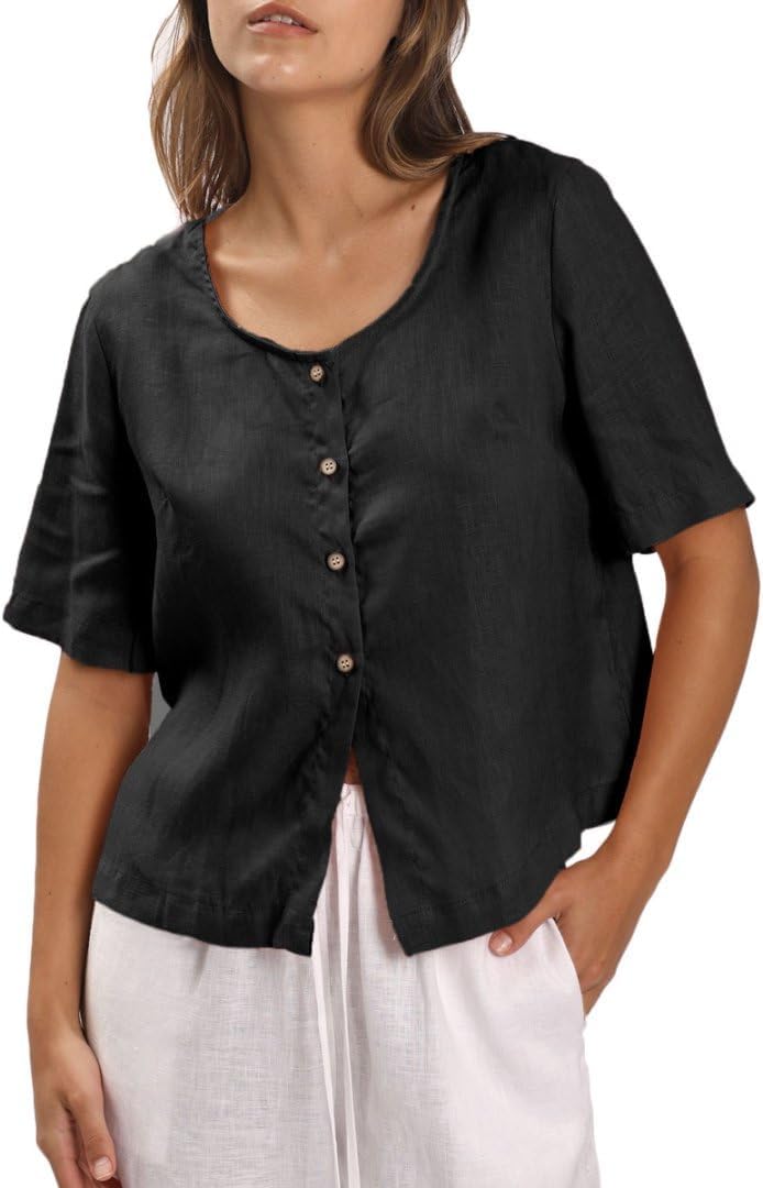 Womens 100% Linen Short Sleeve Blouse Button Down Crop Tops