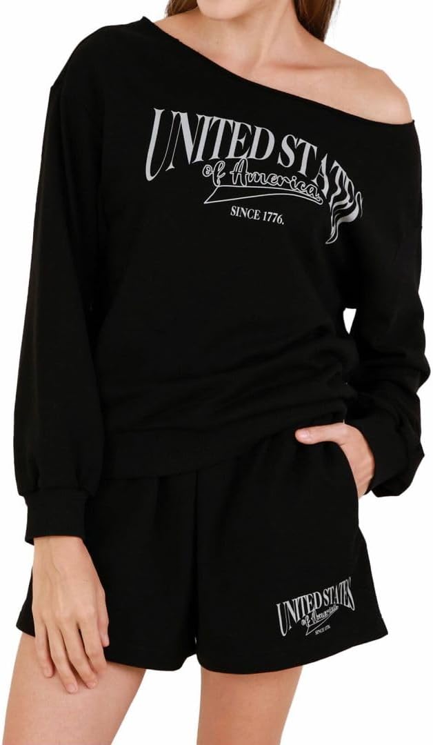 Women's Graphic Off Shoulder Sweatshirt and Shorts 2 Piece Set