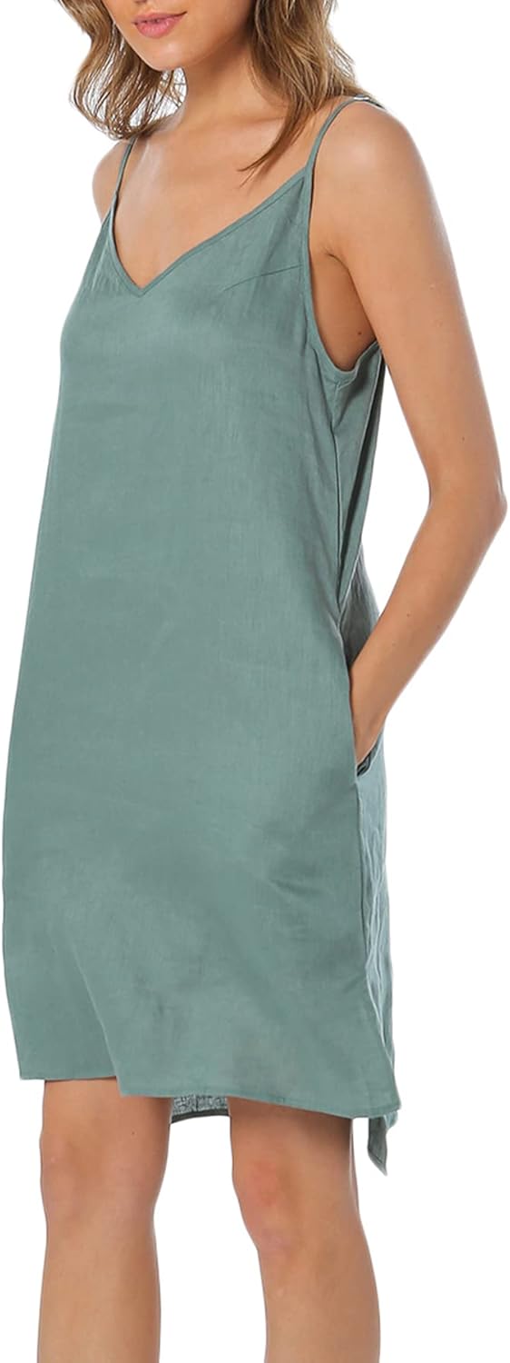 Women's 100% Linen V Neck Spaghetti Strap Dresses with Slit