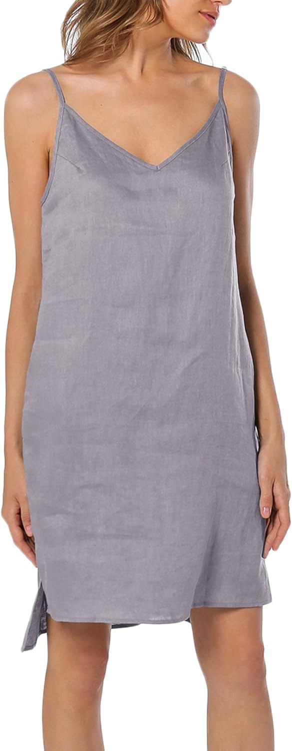 Women's 100% Linen V Neck Spaghetti Strap Dresses with Slit