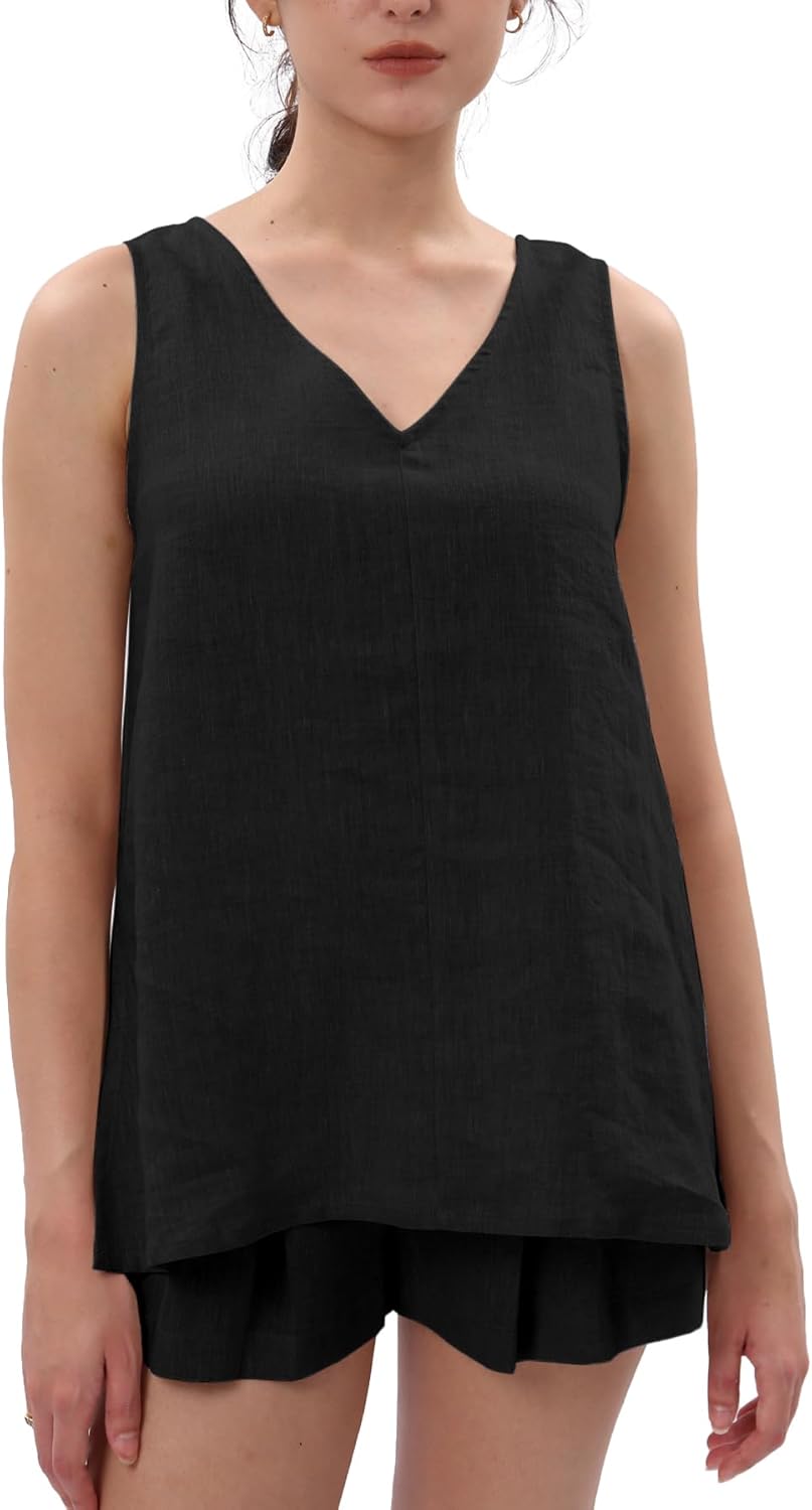 Women's 100% Linen V Neck Sleeveless Tunic Tank Tops