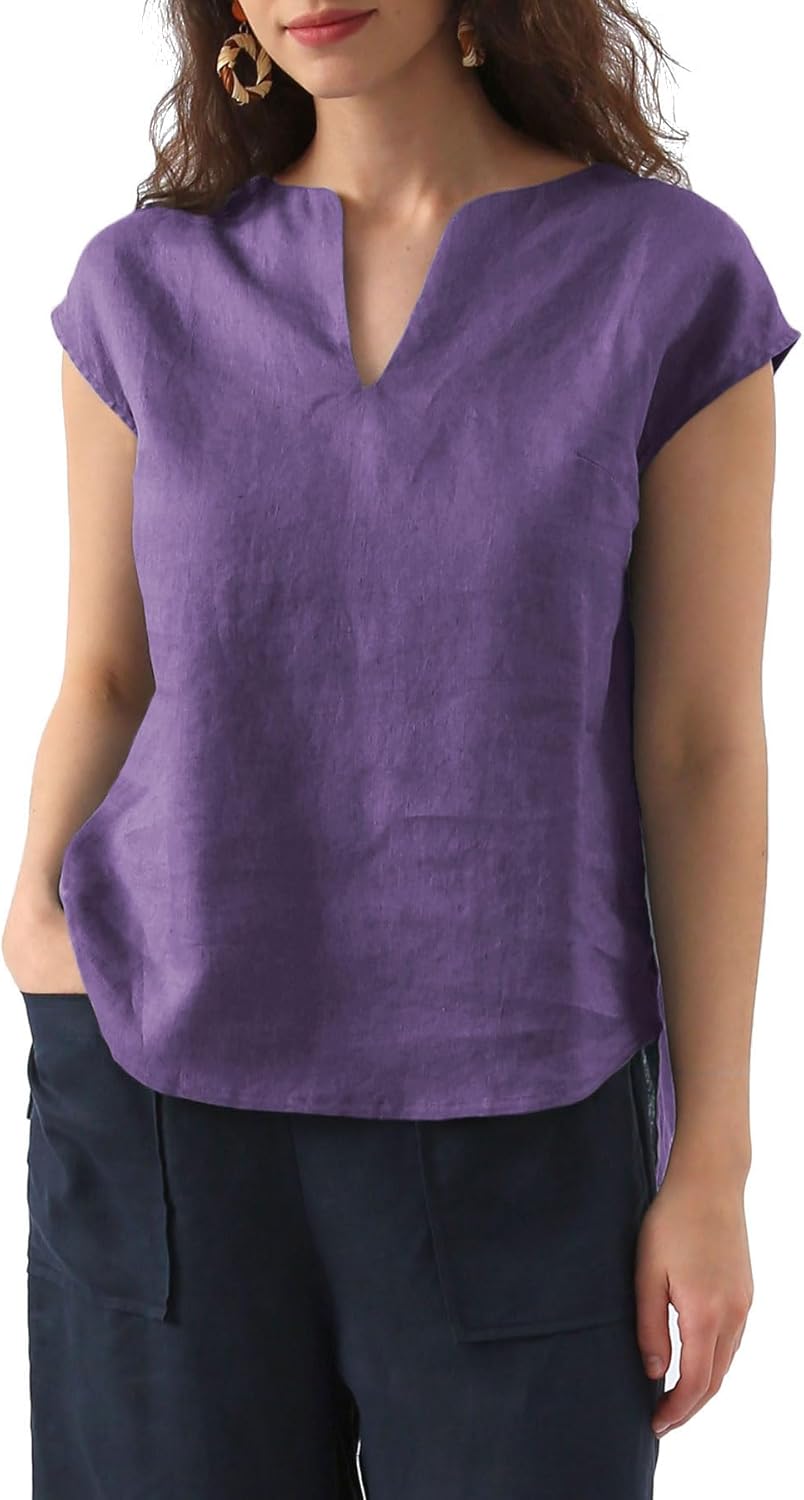 Women's 100% Linen Cap Sleeve Blouse Basic Top