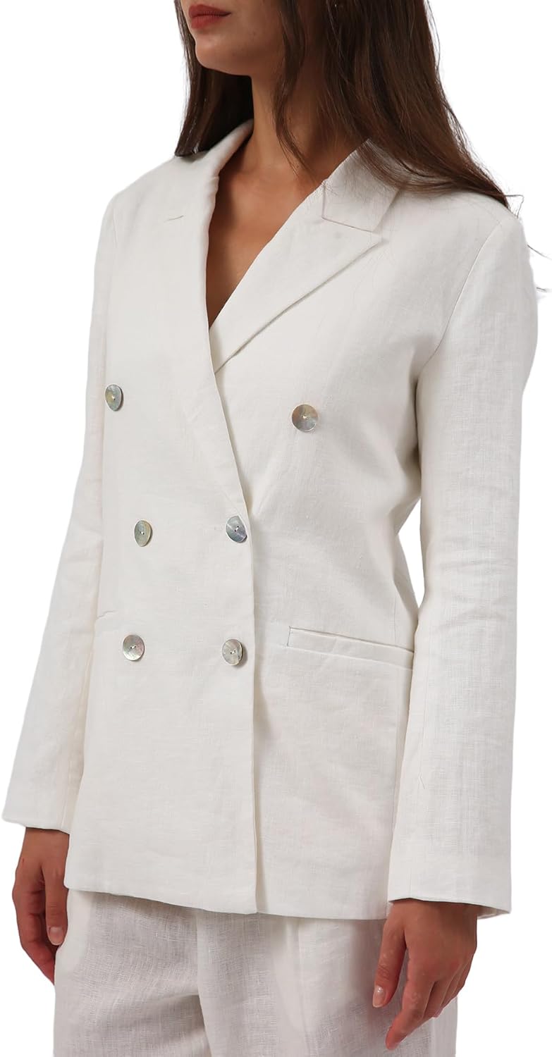 Women's 100% Linen Double-Breasted Notched Blazer