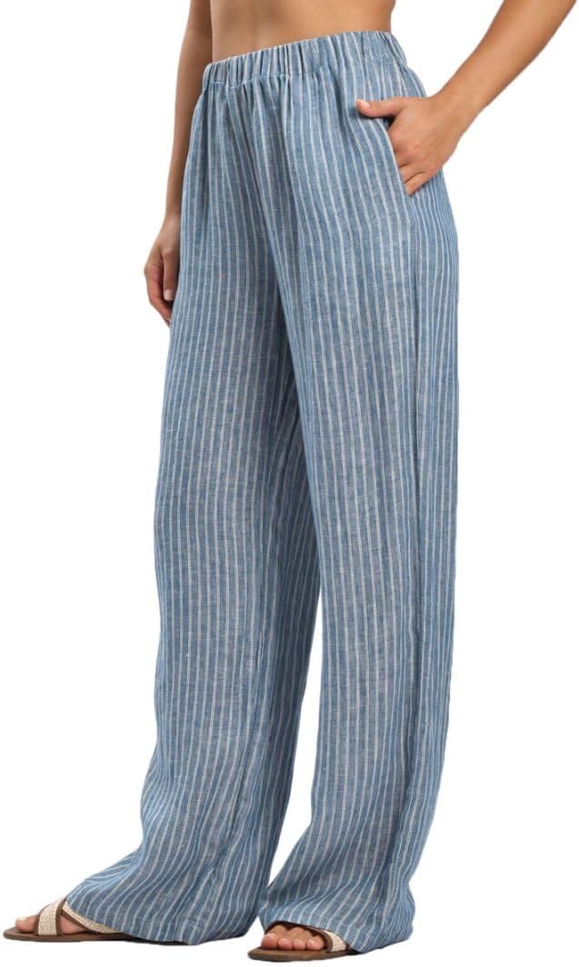 Women's 100% Linen Elastic Waist Stripes Wide Leg Pants
