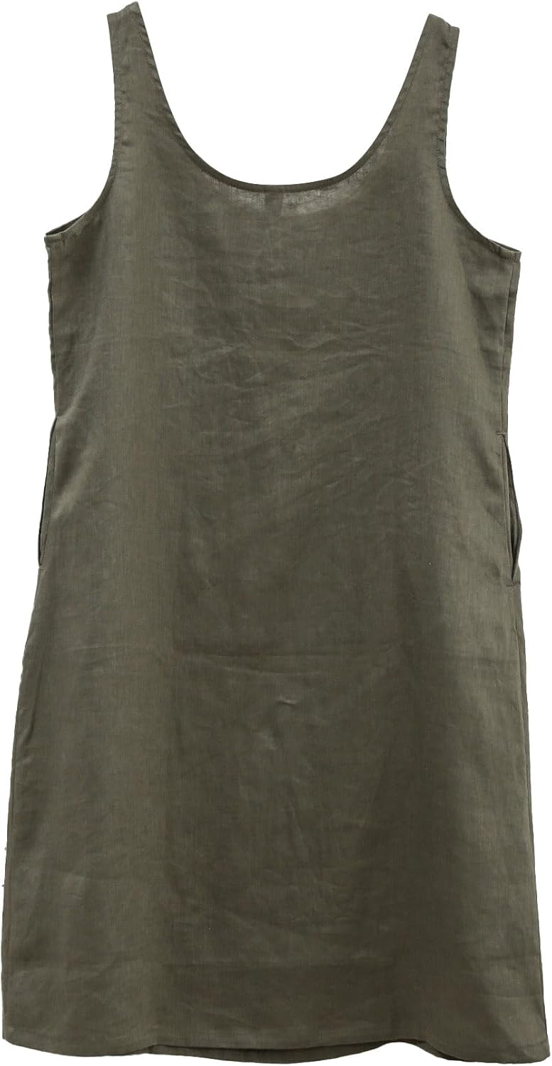 Women's 100% Linen Sleeveless Midi Tank Dresses