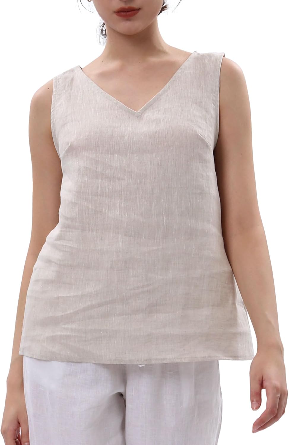 Women's 100% Linen Sleeveless V Neck Tank Tops