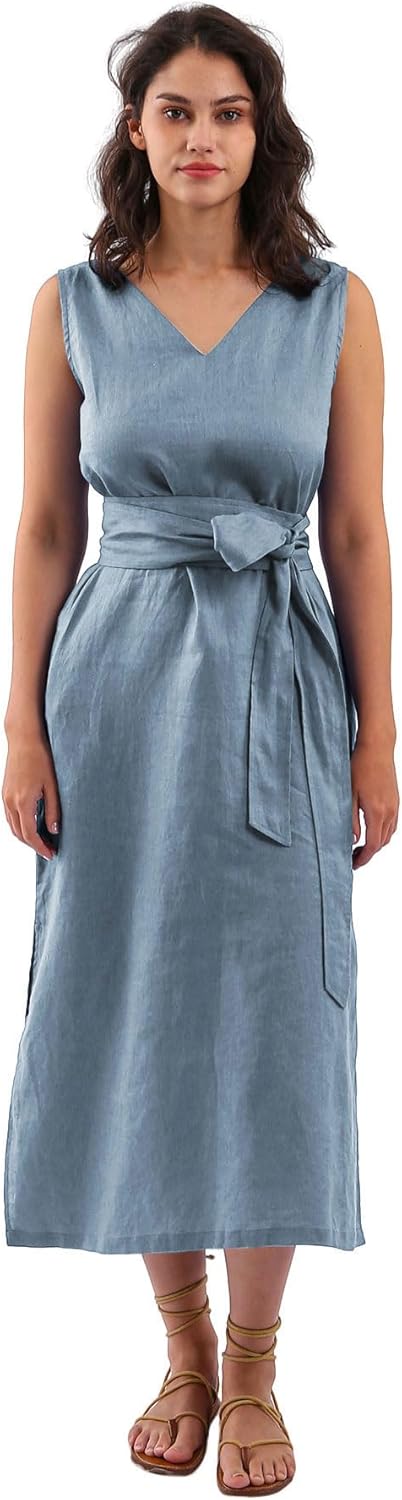 Women's 100% Linen Sleeveless Midi Dresses with Belt