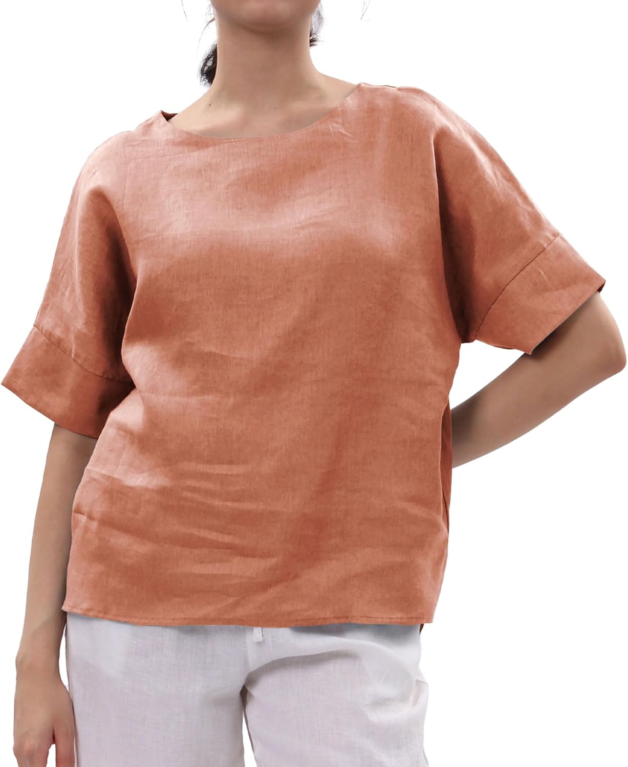Women's 100% Linen Tops Crewneck Short Sleeve Blouses