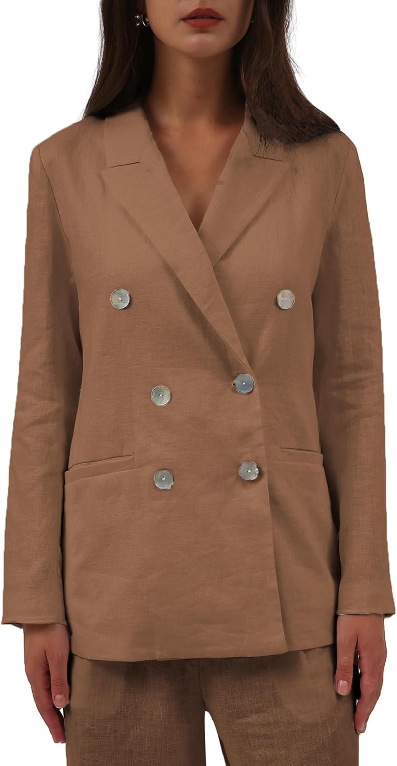 Women's 100% Linen Double-Breasted Notched Blazer