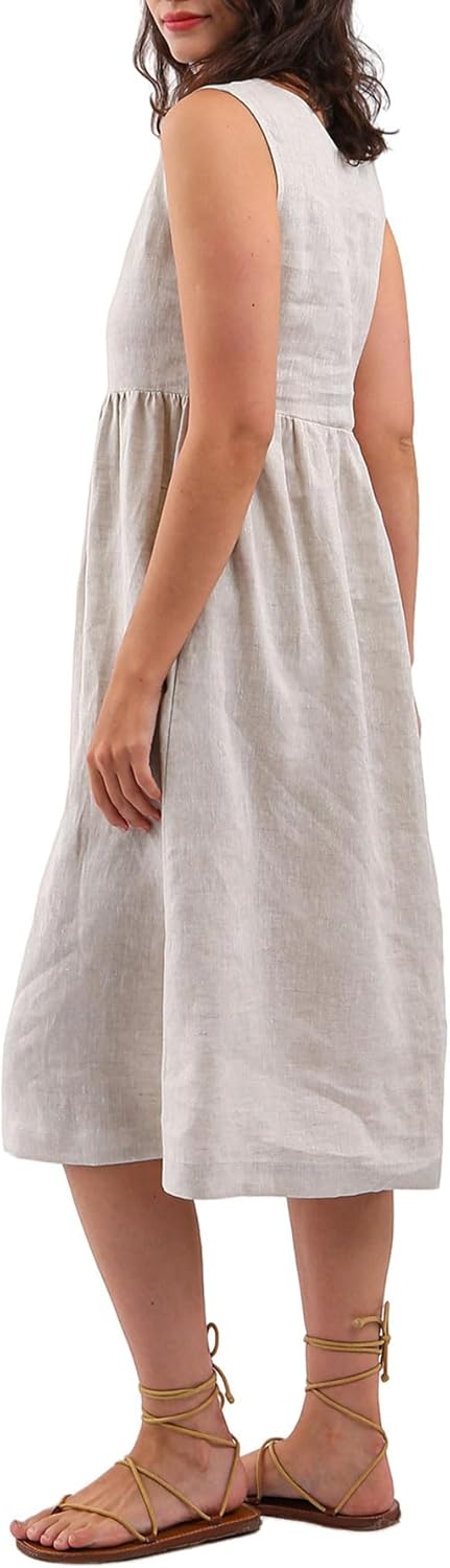 Women's 100% Linen Sleeveless Button Front Pleated Midi Dresses
