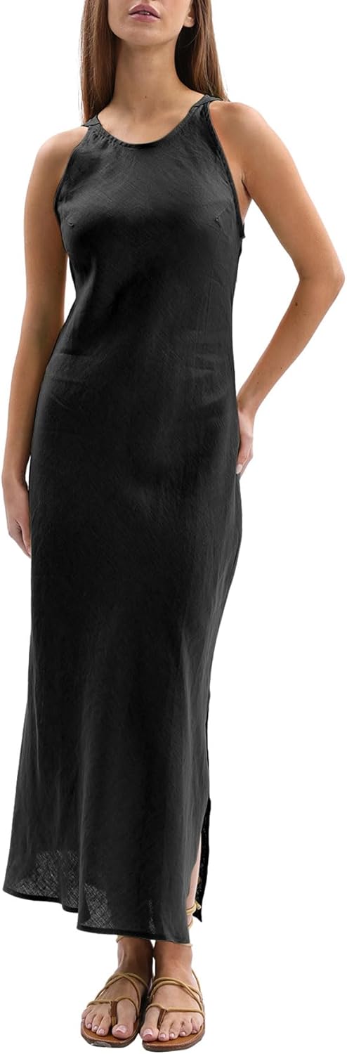Women's 100% Linen Sleevelesss Splits Bodycon Maxi Dresses