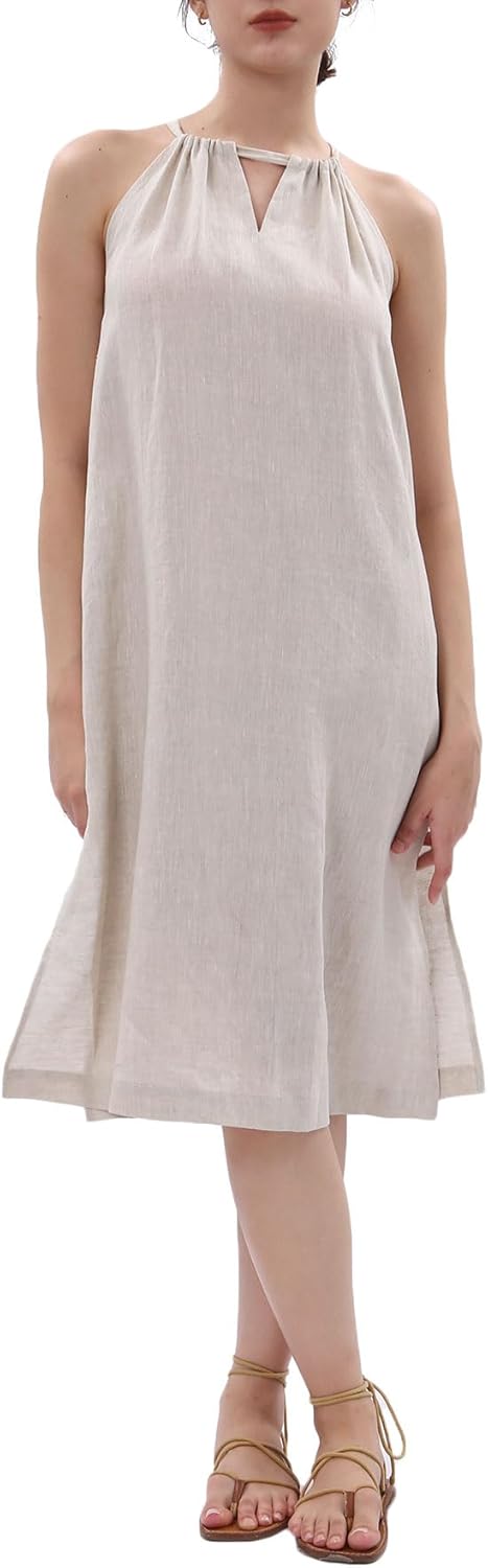 Women's 100% Linen Sleevelesss Halter Splits Midi Dresses