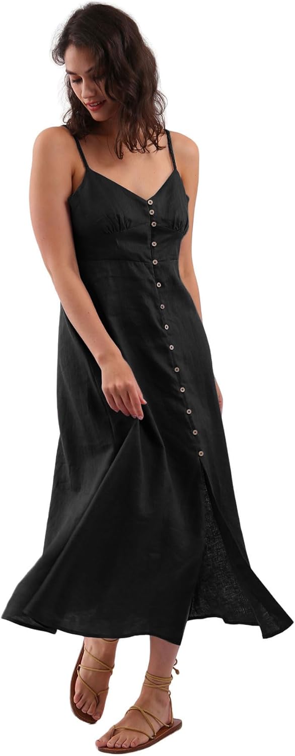 Women's 100% Linen Spaghetti Strap Button Down Midi Dress