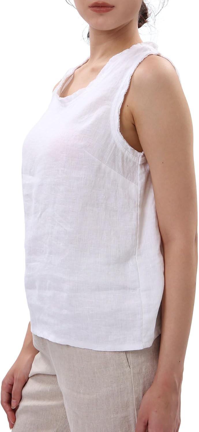 Womens 100% Linen Scoop Neck Sleeveless Tank Tops
