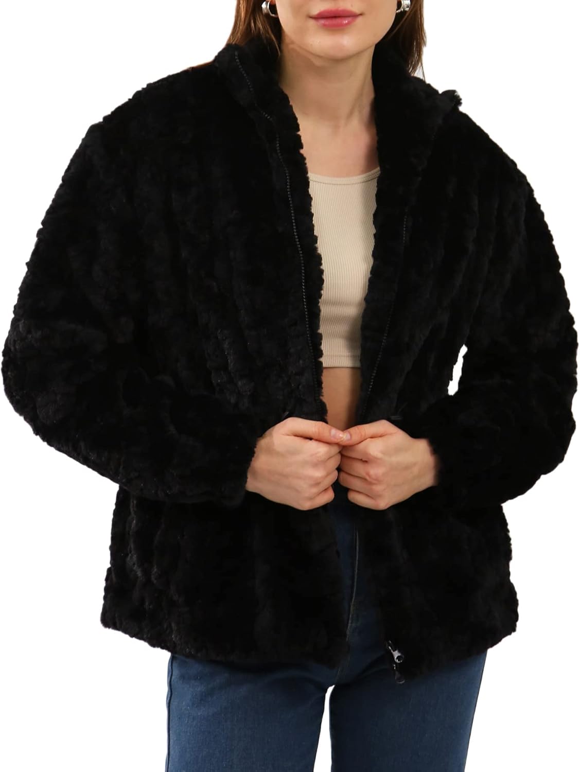 Women's Faux Fur Zip Up Drawstring Jacket