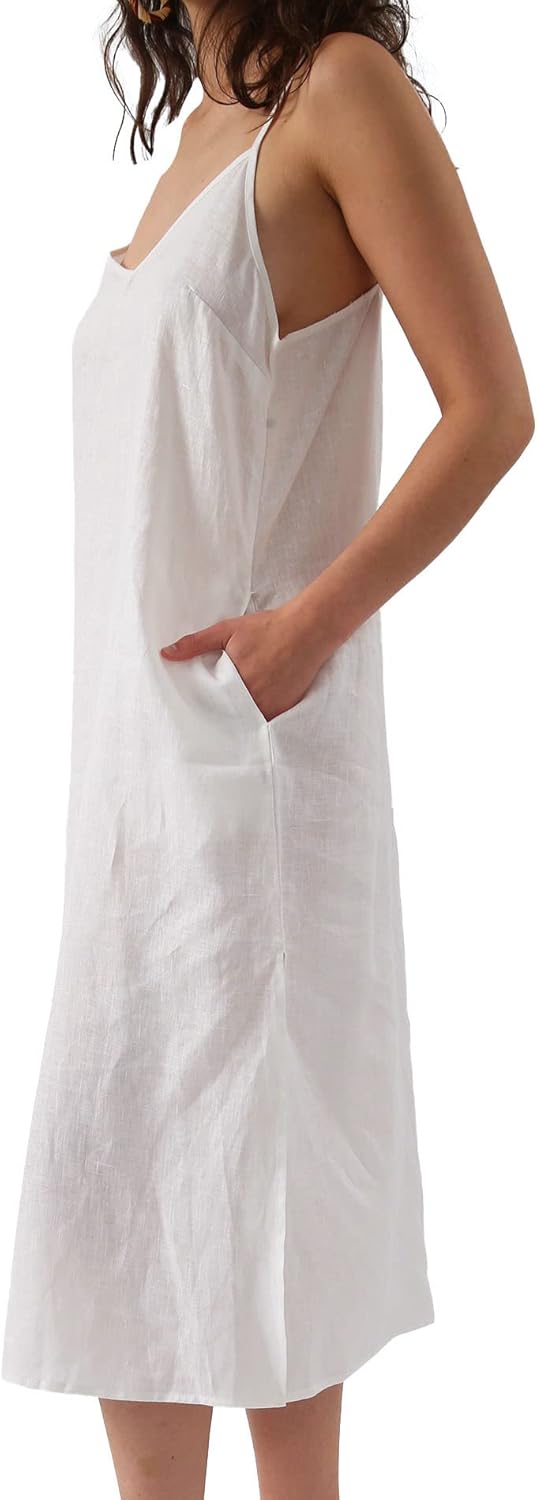 Women's 100% Linen Spaghetti Strap Slip Midi Dress with Pockets