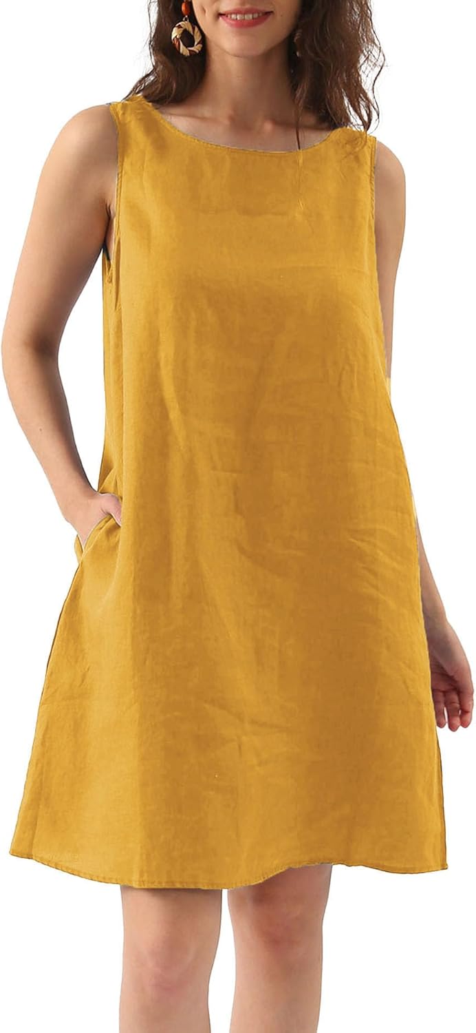 Women's Linen Sleeveless Shift Tank Dress