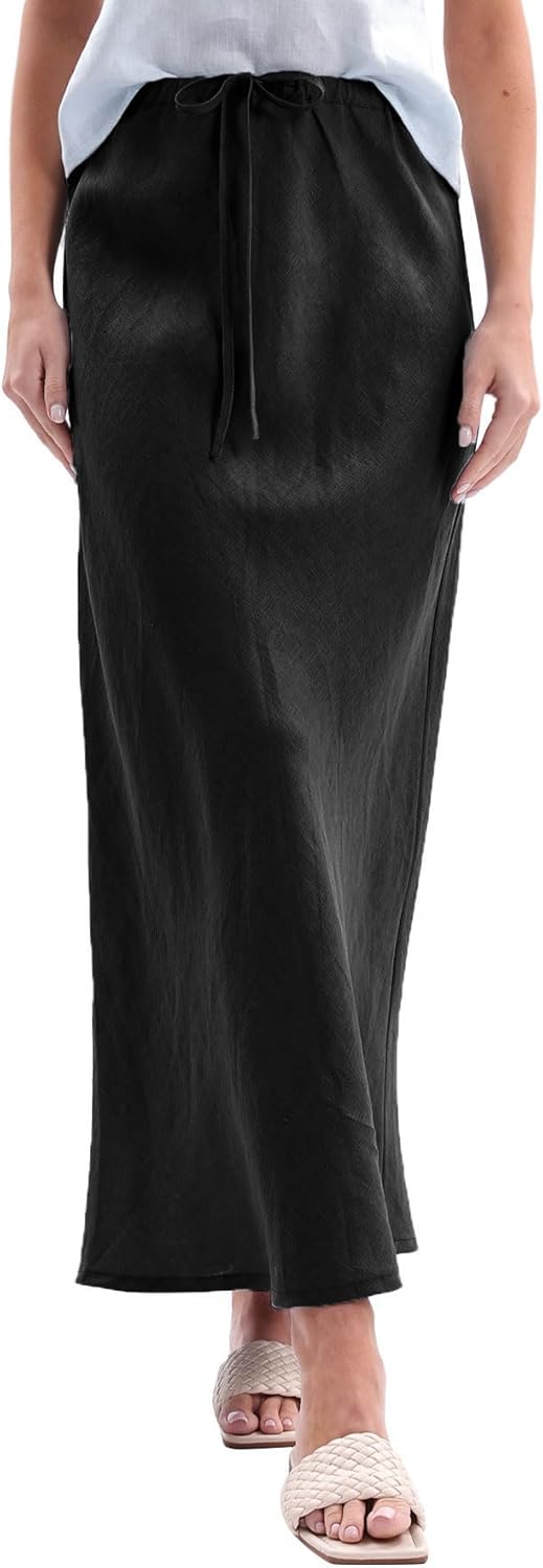 Women's 100% Linen Drawstring A-Line Midi Skirt