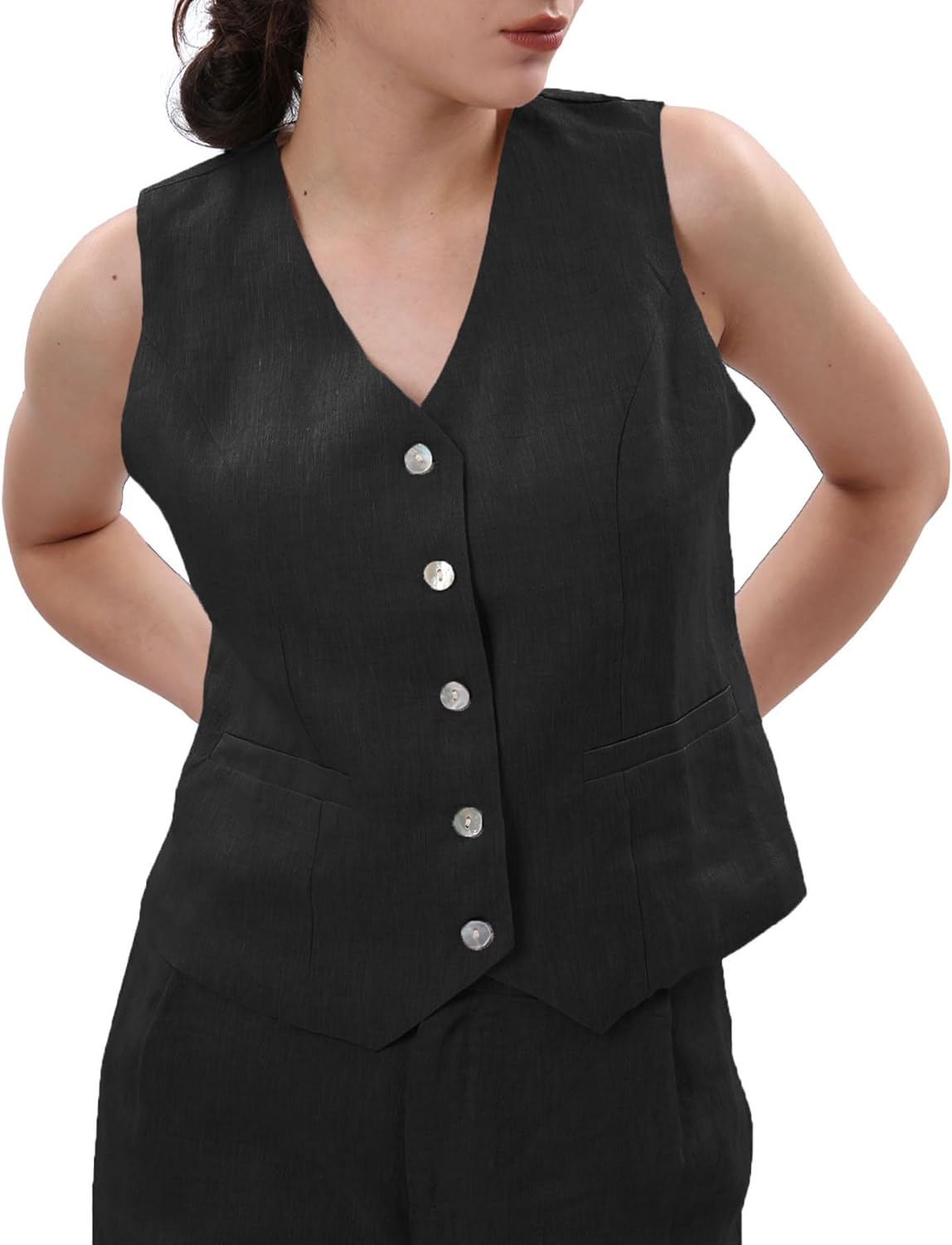 Women's 100% Linen Button Down Waistcoat Sleeveless Crop Top