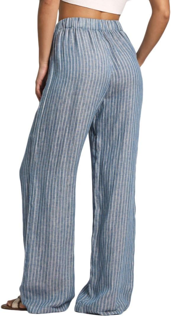 Women's 100% Linen Elastic Waist Stripes Wide Leg Pants