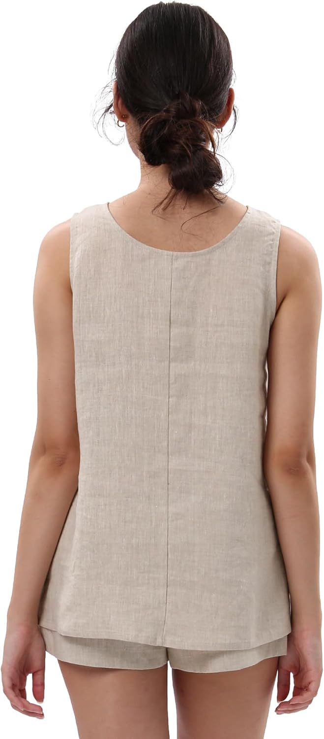 Women's 100% Linen V Neck Sleeveless Tunic Tank Tops