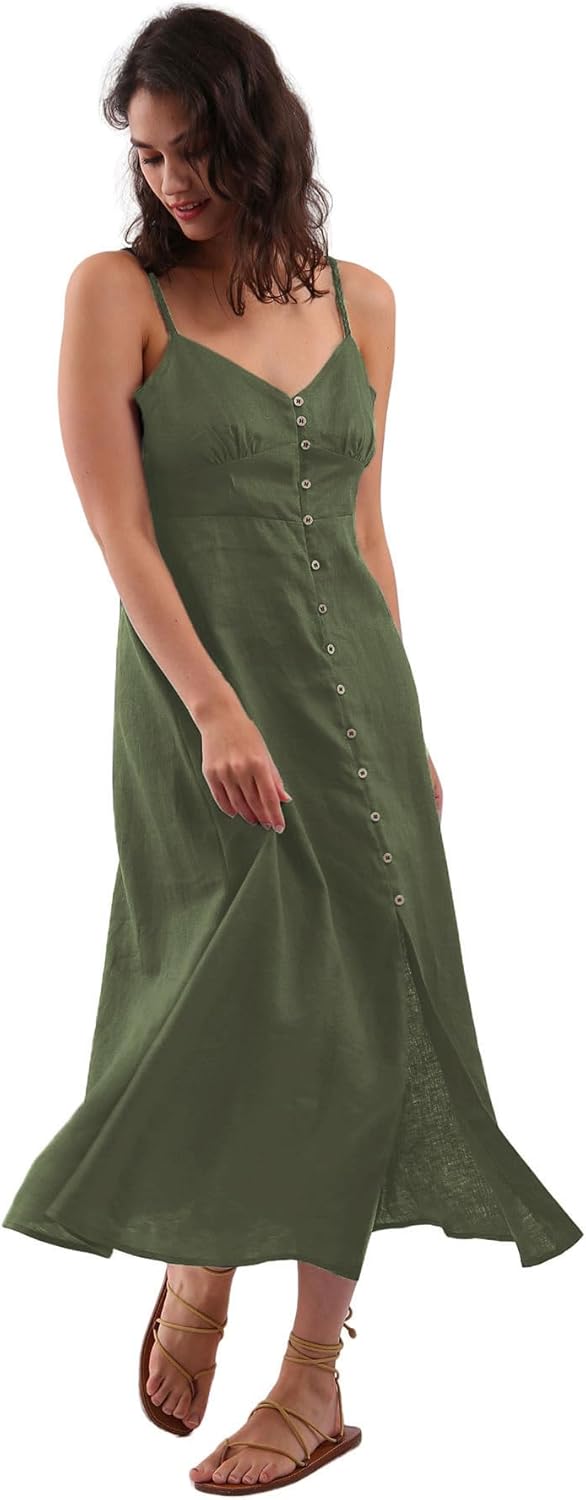 Women's 100% Linen Spaghetti Strap Button Down Midi Dress
