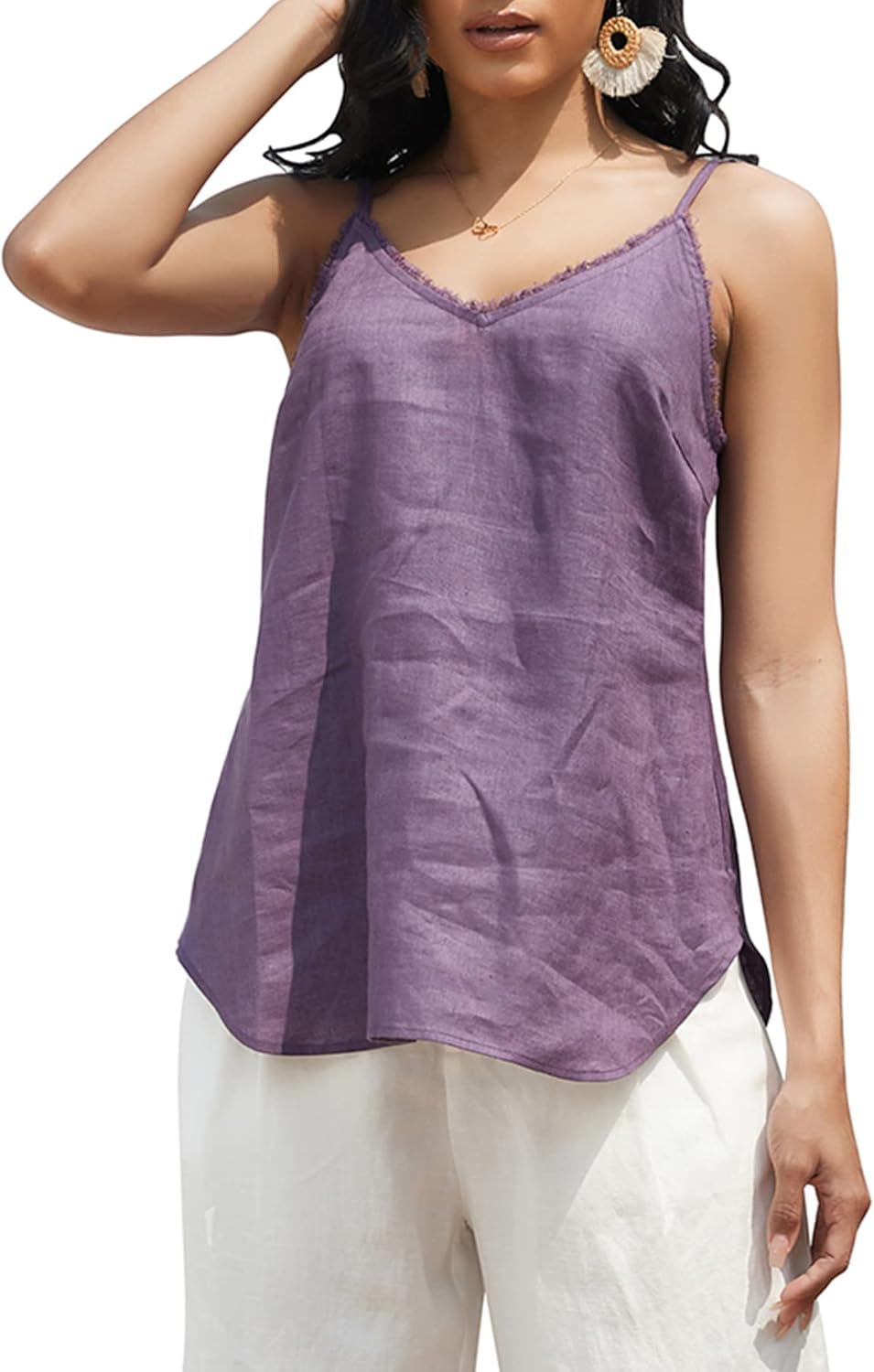Women's 100% Linen Camisole Sleeveless Tops with Tassels