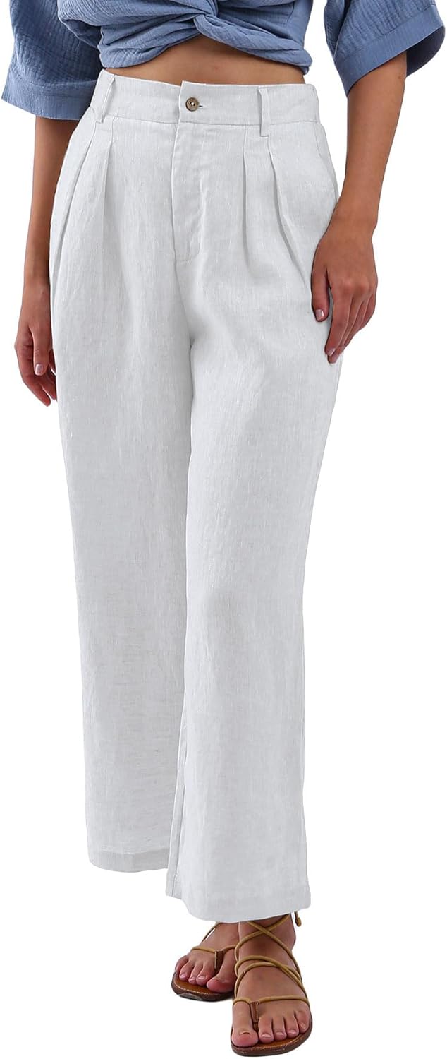 Women's 100% Linen High-Waisted Wide Leg Pants
