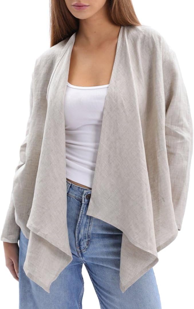 Women's 100% Linen Draped Open Asymmetric Cardigan