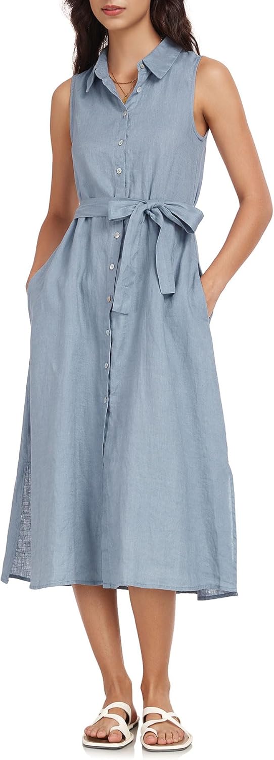 Women's 100% Linen Button Down Midi Dresses