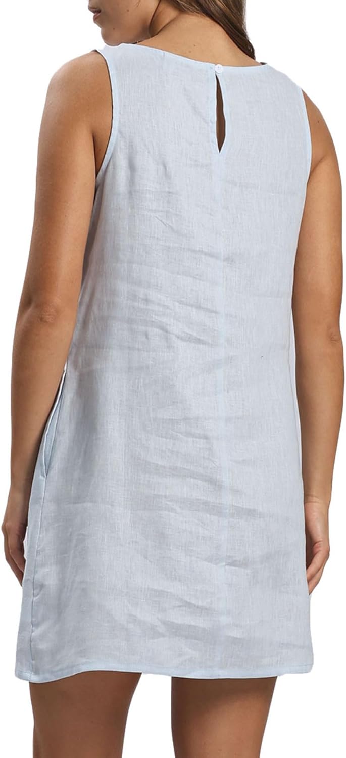 Women's 100% Linen Sleeveless Crewneck Tank Mini Dresses