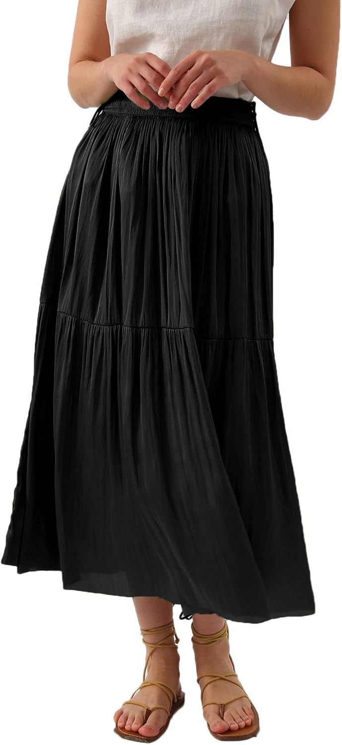 Women's Pleated A Line Flowy Midi Skirt