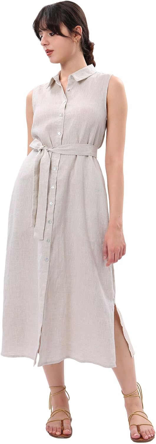 Women's 100% Linen Button Down Midi Dresses