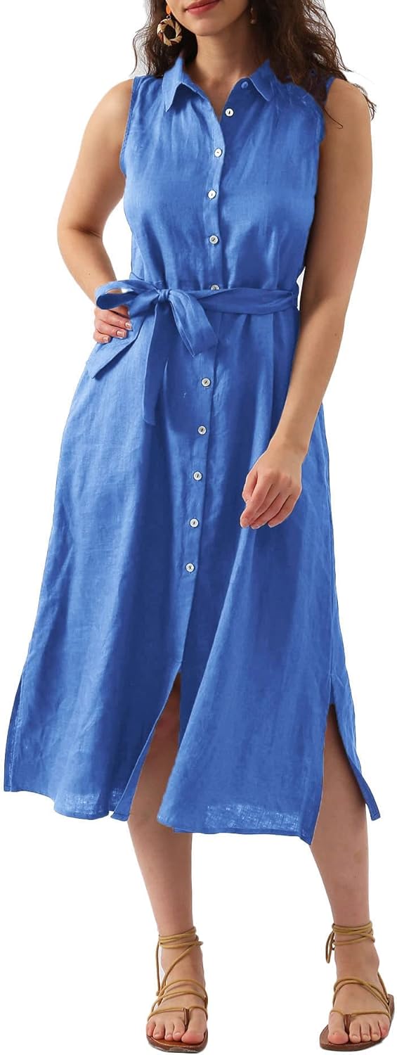Women's 100% Linen Button Down Midi Dresses
