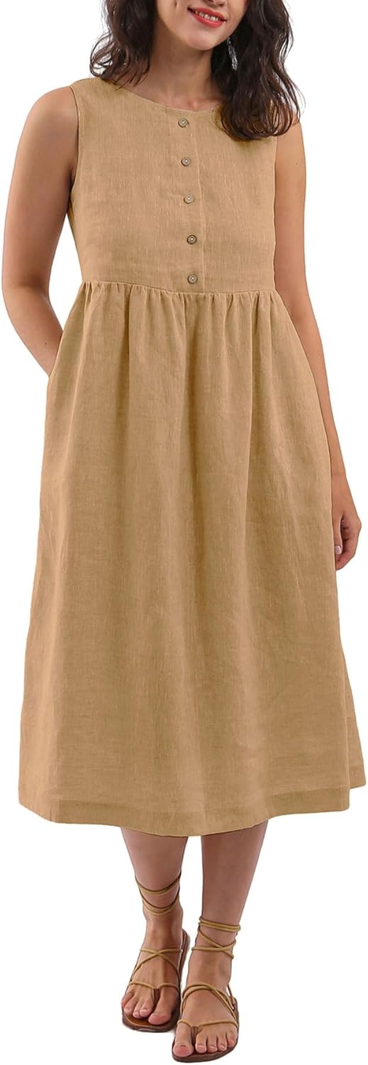 Women's 100% Linen Sleeveless Button Front Pleated Midi Dresses